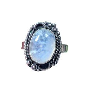 Vintage Moonstone Sterling Silver 925 Ring Cabochon Round Ornate Boho Iridescent